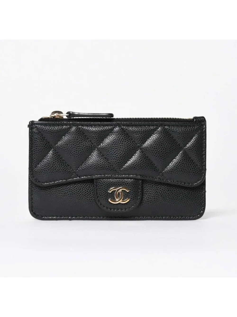 Chanel Coin Purse CC Logo Caviar Leather Black Gold